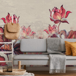 Fototapeta winylowa zmywalna sztuka malowane liście i lilie wodne na teksturowanym tle fototapeta do wnętrza