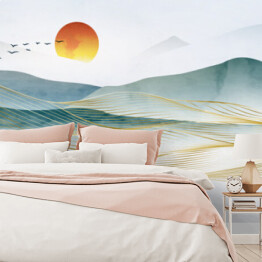 Fototapeta winylowa zmywalna Krajobraz zachód słońca w górach 3D akwarela