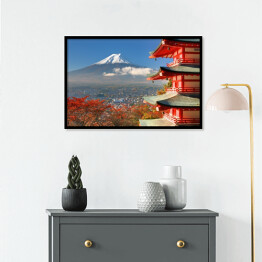 Plakat w ramie Azjatycka architektura na tle Góry Fuji 