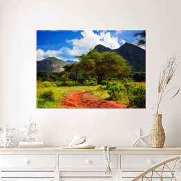 Plakat samoprzylepny Piękny krajobraz z czerwoną drogą, Kenia