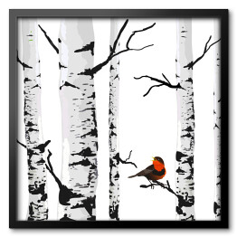 Obraz w ramie Ptak na gałązce brzozy