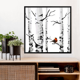 Obraz w ramie Ptak na gałązce brzozy