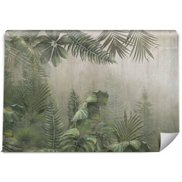 Fototapeta tropikalne drzewa i liście projekt tapety w mglistym lesie - ilustracja 3D