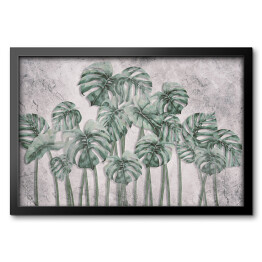 Obraz w ramie tropikalne drzewa i liście projekt tapety w mglistym lesie - ilustracja 3D