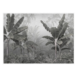 Plakat samoprzylepny tropikalne drzewa i liście projekt tapety w mglistym lesie - ilustracja 3D