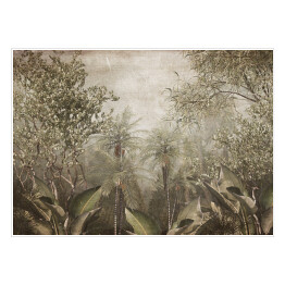Plakat tropikalne drzewa i liście projekt tapety w mglistym lesie - ilustracja 3D