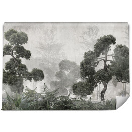 Fototapeta samoprzylepna tropikalne drzewa i liście projekt tapety w mglistym lesie - ilustracja 3D