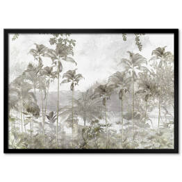 Plakat w ramie tropikalne drzewa i liście w mglistym lesie projekt tapety - ilustracja 3D