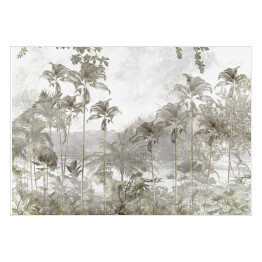 Plakat tropikalne drzewa i liście w mglistym lesie projekt tapety - ilustracja 3D
