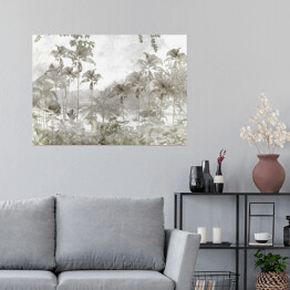 Plakat tropikalne drzewa i liście w mglistym lesie projekt tapety - ilustracja 3D