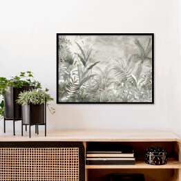 Plakat w ramie tropikalne drzewa i liście projekt tapety w mglistym lesie - ilustracja 3D
