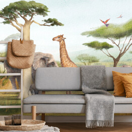 Fototapeta Scena safari. Akwarela afrykańskie zwierzęta krajobraz. Afryka sawanna tło z żyrafy, słonie, nosorożec, drzewo baobab.