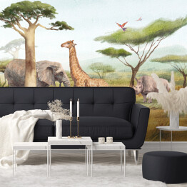 Fototapeta samoprzylepna Scena safari. Akwarela afrykańskie zwierzęta krajobraz. Afryka sawanna tło z żyrafy, słonie, nosorożec, drzewo baobab.