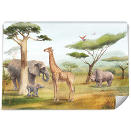 Fototapeta Scena safari. Akwarela afrykańskie zwierzęta krajobraz. Afryka sawanna tło z żyrafy, słonie, nosorożec, drzewo baobab.