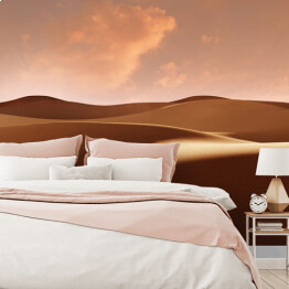 Fototapeta samoprzylepna Panorama wydm piaskowych Pustynia Sahara przy zachodzie słońca. Niekończące się wydmy żółtego piasku. Pustynny krajobraz Fale piasek natura