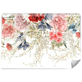 Fototapeta Kwiatowa granica z kwiatami ogrodowymi i liśćmi, może być używany jako karta zaproszenia na ślub, urodziny i inne wakacje i lato tło. Sztuka botaniczna. Akwarela