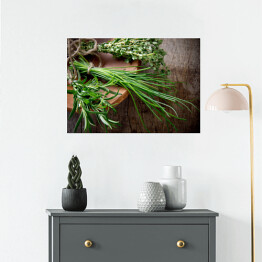 Plakat Świeże zioła na drewnianym stole