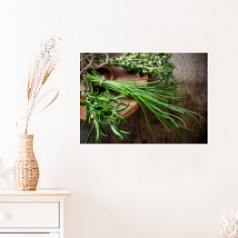 Plakat samoprzylepny Świeże zioła na drewnianym stole