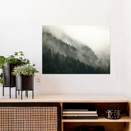 Plakat samoprzylepny Góry z lasem we mgle