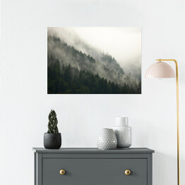 Plakat samoprzylepny Góry z lasem we mgle