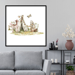 Plakat w ramie Przygody króliczka. Zabawa z motylkami. Akwarelowa ilustracja do pokoju dziecięcego