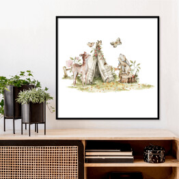 Plakat w ramie Przygody króliczka. Zabawa z motylkami. Akwarelowa ilustracja do pokoju dziecięcego