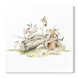 Obraz na płótnie Przygody króliczka. Na spacerze. Akwarelowa ilustracja do pokoju dziecięcego