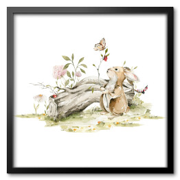 Obraz w ramie Przygody króliczka. Na spacerze. Akwarelowa ilustracja do pokoju dziecięcego