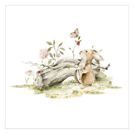 Plakat samoprzylepny Przygody króliczka. Na spacerze. Akwarelowa ilustracja do pokoju dziecięcego