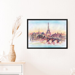 Obraz w ramie Zachód słońca w Paryżu w pastelowych barwach