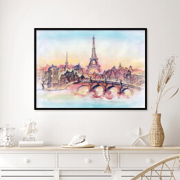 Plakat w ramie Zachód słońca w Paryżu w pastelowych barwach