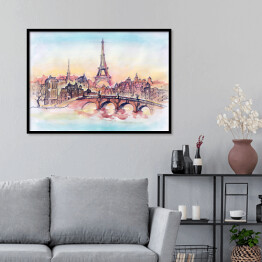 Plakat w ramie Zachód słońca w Paryżu w pastelowych barwach