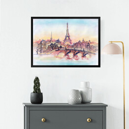 Obraz w ramie Zachód słońca w Paryżu w pastelowych barwach