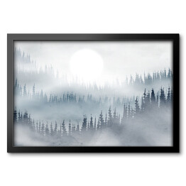 Obraz w ramie Las we mgle 3D z błękitnymi akcentami