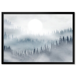 Plakat w ramie Las we mgle 3D z błękitnymi akcentami