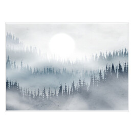 Plakat Las we mgle 3D z błękitnymi akcentami