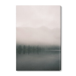 Obraz na płótnie Górskie jezioro i las we mgle. Skandynawski krajobraz