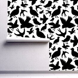 Tapeta samoprzylepna w rolce Czarne sylwetki lecących ptaków na białej płaszczyźnie