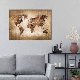 Plakat samoprzylepny Mapa świata imitująca rysunek na drewnie