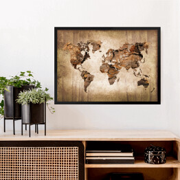 Obraz w ramie Mapa świata imitująca rysunek na drewnie