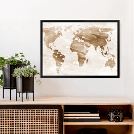 Obraz w ramie Mapa świata w odcieniach beżu na jasnym tle
