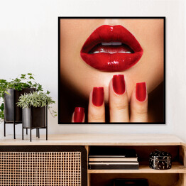 Plakat w ramie Czerwone usta i paznokcie - profesjonalny make - up