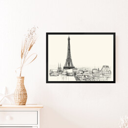 Obraz w ramie Rysunek architektoniczny Wieży Eiffla i dachów Paryża