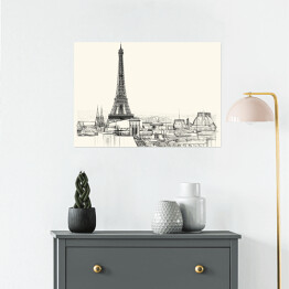 Plakat Rysunek architektoniczny Wieży Eiffla i dachów Paryża