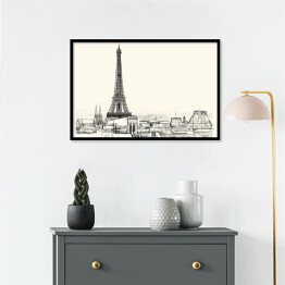 Plakat w ramie Rysunek architektoniczny Wieży Eiffla i dachów Paryża
