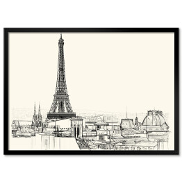 Plakat w ramie Rysunek architektoniczny Wieży Eiffla i dachów Paryża