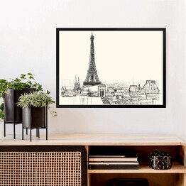 Obraz w ramie Rysunek architektoniczny Wieży Eiffla i dachów Paryża