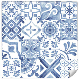 Tapeta w rolce Ornamenty. Niebiesko biała akwarelowa mozaika. Imitacja płytek