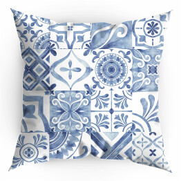 Poduszka Ornamenty. Niebiesko biała akwarelowa mozaika. Imitacja płytek