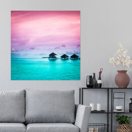 Plakat samoprzylepny Zielona laguna z różowym niebem